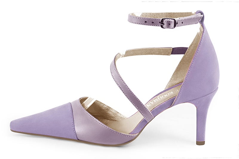 Lilac purple women's open side shoes, with snake-shaped straps. Tapered toe. High slim heel. Profile view - Florence KOOIJMAN